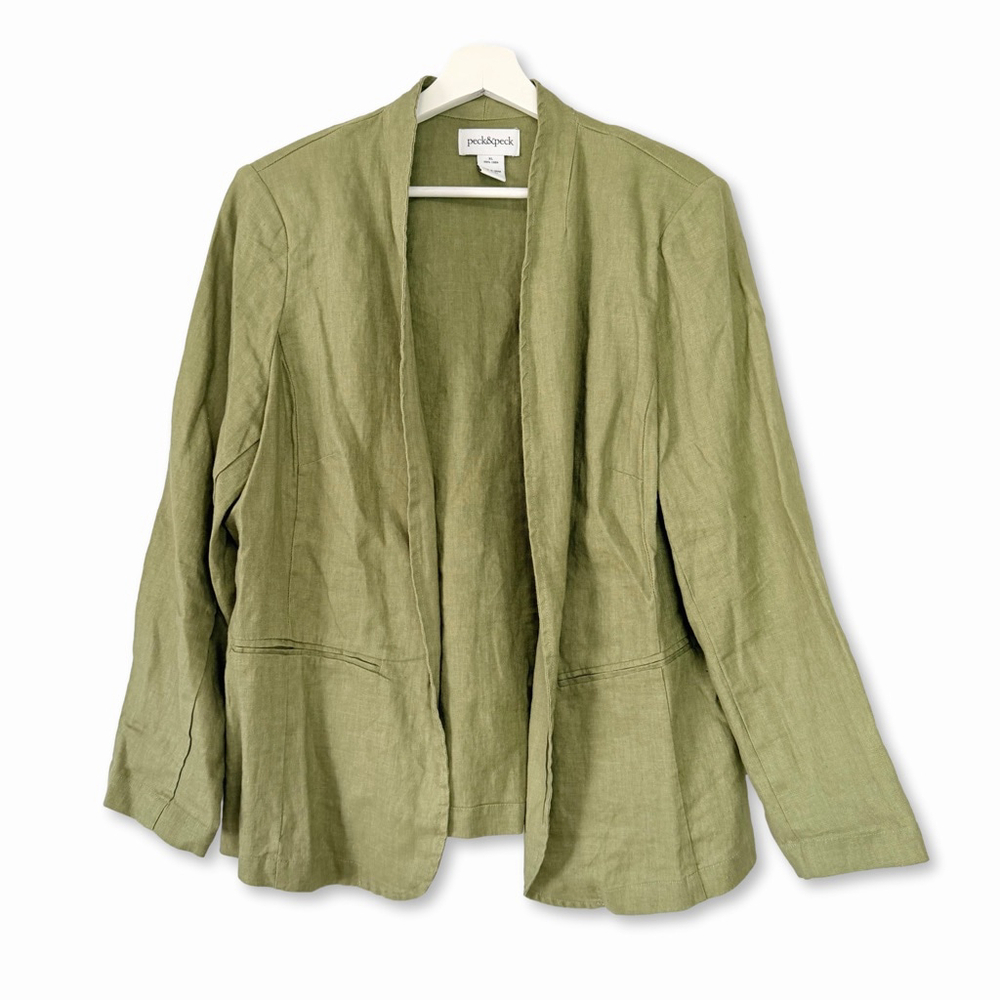 Peck & Peck Green Linen Open Front Blazer Lightweight Jacket Size XL Lagenlook